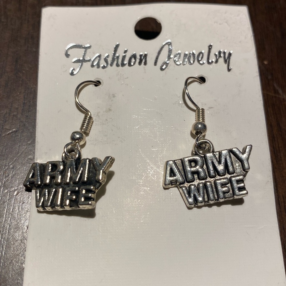 NWT silver tone dangle ARMY WIFE earrings